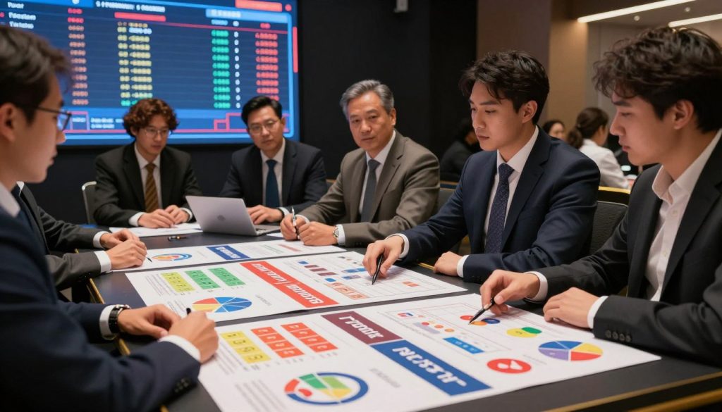 A dynamic scene showcasing various prize formulas prominently displayed in a visually appealing way. In the foreground, a sleek table is cluttered with charts and graphs representing different payout structures—top-heavy, flat, and graduated—each distinctly color-coded. The middle ground features a diverse group of professionals in business attire, engaged in a discussion, analyzing the prize formulas. In the background, a large digital screen displays live tournament data, enhancing the atmosphere of excitement and strategy. Soft, ambient lighting casts a warm glow, highlighting the concentration on the participants' faces. The angle is slightly elevated, providing a comprehensive view of the collaborative environment, ensuring clarity and focus on the subject matter. The overall mood is energetic and professional, perfect for illustrating an insightful analysis of payout structures in betting tournaments.