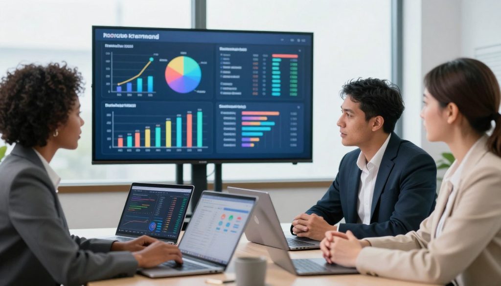 A modern office environment featuring a large digital screen displaying colorful graphs and charts representing tracking stats and KPIs. In the foreground, a diverse group of three professionals—one Black woman, one Hispanic man, and one Caucasian woman—are engaged in a discussion, each wearing professional business attire. Their expressions reflect focus and collaboration. The middle ground showcases various tech tools like laptops and tablets with detailed analytics on their screens. In the background, a large window lets in natural light, illuminating the space and creating a productive atmosphere. The overall mood is industrious and insightful, capturing the essence of performance analysis and strategic decision-making in a corporate setting.