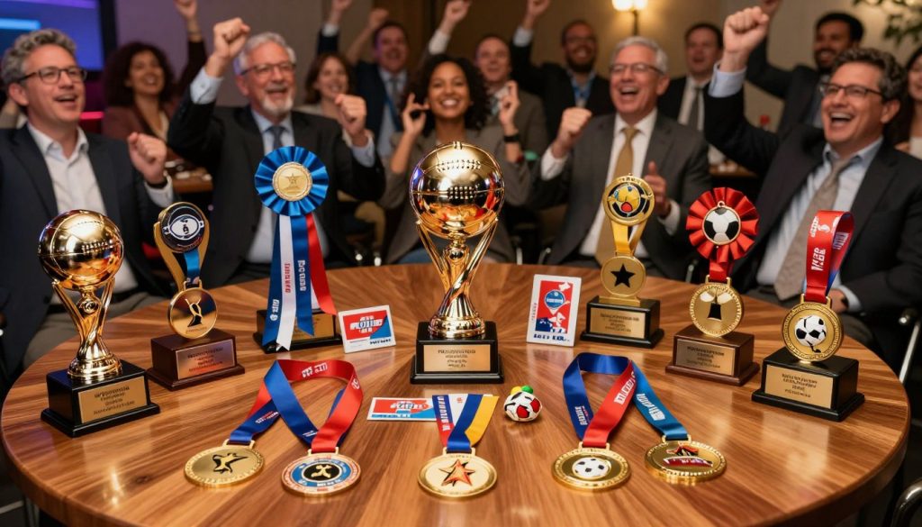 A vibrant scene showcasing an array of unique betting contest awards, meticulously displayed on a polished wooden table. In the foreground, highlight a shiny trophy shaped like a sports ball, flanked by custom-designed medals featuring various sports icons. The middle ground features colorful ribbons and a few small prizes such as gift cards and quirky memorabilia related to sports betting. The background exhibits a cheering crowd of diverse individuals in professional business attire, celebrating and enjoying the event, with the warm glow of ambient lighting creating an inviting atmosphere. Capture the scene with a slightly elevated angle to emphasize the excitement and motivation surrounding the awards, evoking a sense of community and spirited competition. A vibrant scene showcasing an array of unique betting contest awards, meticulously displayed on a polished wooden table. In the foreground, highlight a shiny trophy shaped like a sports ball, flanked by custom-designed medals featuring various sports icons. The middle ground features colorful ribbons and a few small prizes such as gift cards and quirky memorabilia related to sports betting. The background exhibits a cheering crowd of diverse individuals in professional business attire, celebrating and enjoying the event, with the warm glow of ambient lighting creating an inviting atmosphere. Capture the scene with a slightly elevated angle to emphasize the excitement and motivation surrounding the awards, evoking a sense of community and spirited competition.
