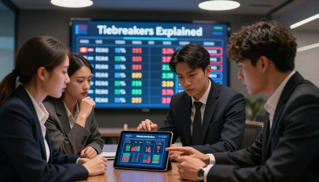 A visually compelling illustration depicting the concept of "Tiebreakers Explained" in a betting tournament context. In the foreground, a diverse group of three business professionals, a man and two women, are engaged in a serious discussion, analyzing charts and graphs displayed on an electronic tablet. They are dressed in smart business attire, exuding professionalism. In the middle ground, a large digital scoreboard showcases various betting statistics, highlighting tiebreaker scenarios, and payout percentages. The background features a dimly lit, modern conference room with soft overhead lighting, creating a focused atmosphere. Utilize a shallow depth of field to emphasize the group while softly blurring the background details, evoking a sense of urgency and critical thinking surrounding the importance of tiebreakers in prize distribution.