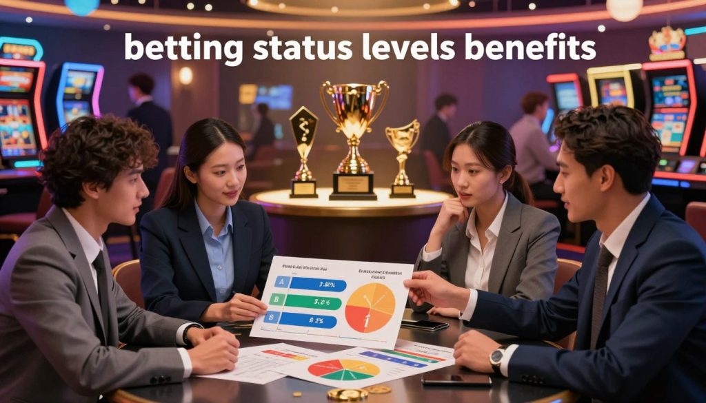 A visually dynamic illustration representing "betting status levels benefits." In the foreground, a diverse group of three professionals, dressed in smart business attire, engaged in a strategic discussion around a sleek table. Their expressions convey enthusiasm and focus, highlighting collaboration as they analyze colorful charts depicting different status levels and their respective perks, such as VIP access and exclusive bonuses. The middle ground features an elegant display of trophies and awards symbolizing achievement in betting tournaments, illuminated with soft, warm lighting to create an inviting atmosphere. In the background, a bustling casino scene with blurred figures of players, enveloped in a vibrant, upscale ambiance, showcasing an array of gaming tables and bright neon lights, contributing to the overall excitement of the betting environment. The image should evoke determination and aspiration.