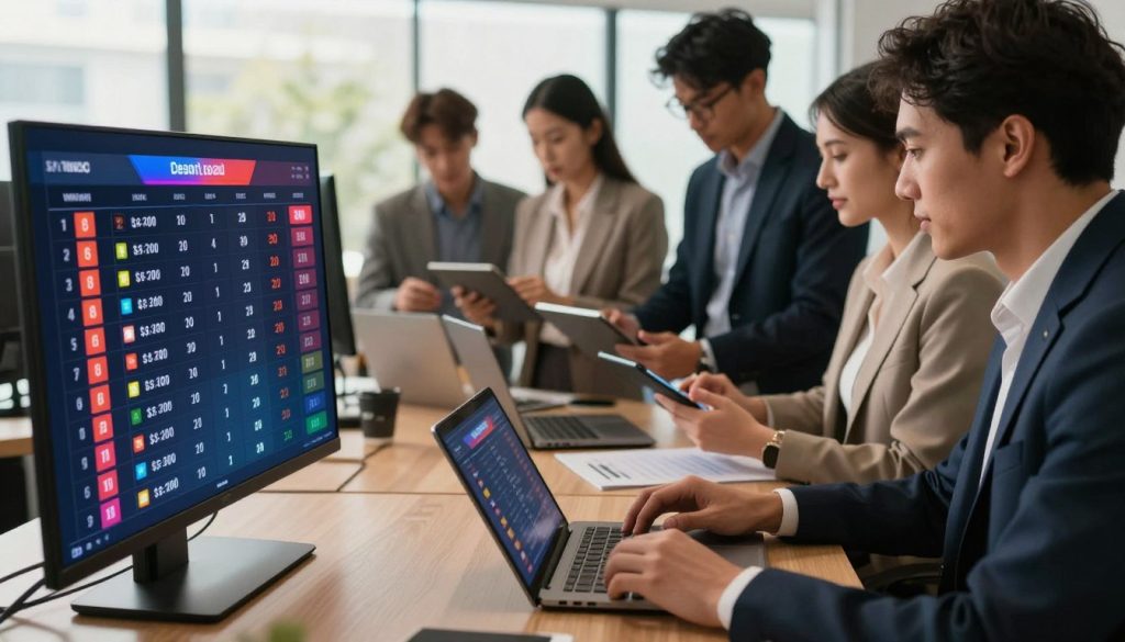A visually engaging betting leaderboard scene illustrating the contrast between weekly and season-long competitions. In the foreground, a sleek digital leaderboard display shows dynamic statistics and rankings, illuminated in vibrant colors to convey excitement. In the middle ground, a diverse group of professionals in business attire analyze the leaderboard on tablets and laptops, showcasing strategic discussions and planning. The background features a modern office environment with soft, diffused natural lighting filtering through large windows, evoking an atmosphere of teamwork and focus. The composition should be shot from a slightly angled perspective, enhancing depth and dynamism, with a warm color palette promoting a sense of optimism and competition.