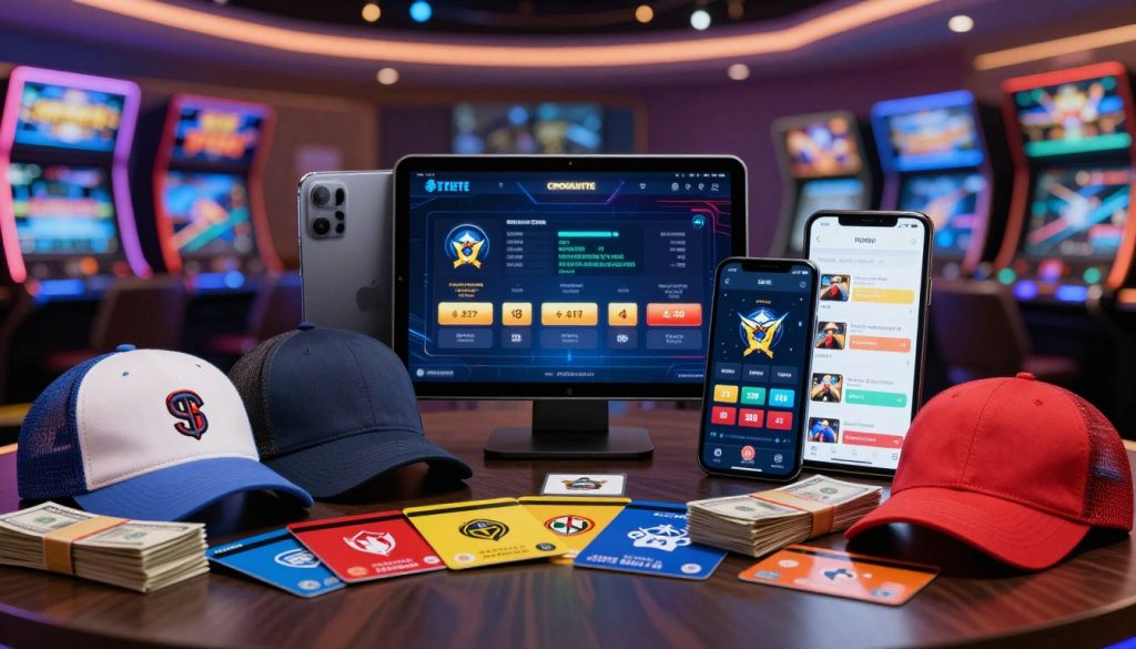 A visually engaging composition showcasing various contest rewards from popular sports betting platforms. In the foreground, an array of enticing prizes like cash stacks, colorful gift cards, and branded merchandise such as caps and shirts. In the middle ground, display sleek and modern devices like tablets and smartphones showcasing betting apps, with charts and prize examples displayed on their screens. The background features a blurred casino environment, with soft ambient lighting that gives an inviting feel. Use a shallow depth of field to focus on the rewards in the foreground while allowing the background to create a sense of realism. The overall atmosphere should be energetic yet professional, reflecting the excitement of sports betting rewards without any text or distractions.