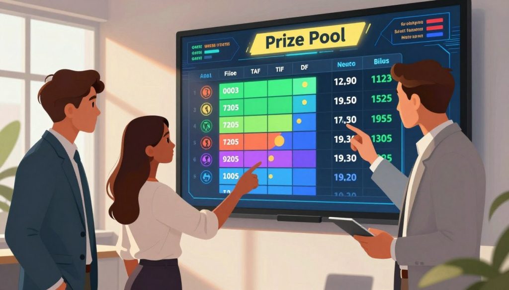 A visually engaging illustration depicting a prize pool distribution in a sports betting challenge. In the foreground, a diverse group of three professional individuals in business attire—two men and one woman—are analyzing a chart showing various payout tiers, with expressions of deep concentration. The middle ground features a large digital display board showcasing prize amounts, graphical data, and bright, eye-catching colors reflecting different payout levels. In the background, a modern office setting with large windows that let in natural light, adding warmth to the scene. The overall atmosphere is energetic and focused, conveying the excitement and complexity of understanding contest payouts. The image should be dynamic, emphasizing movement and engagement with the subject matter.