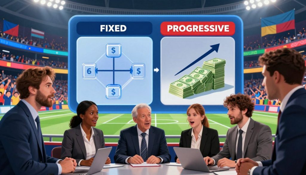 A visually engaging illustration depicting various contest payouts in sports betting challenges. In the foreground, a diverse group of people dressed in professional business attire is actively discussing prize pool types, including fixed and progressive. Their expressions convey excitement and focus. In the middle ground, an infographic-style display shows two distinct prize pools: a fixed prize pool represented by a clear, structured chart, and a progressive prize pool illustrated as a growing stack of cash with arrows indicating increase. The background features a vibrant sports arena filled with cheering fans and colorful banners, evoking a lively atmosphere. The lighting is bright and dynamic, highlighting the excitement of competition, while the camera angle is slightly elevated, capturing the scene’s breadth and energy.