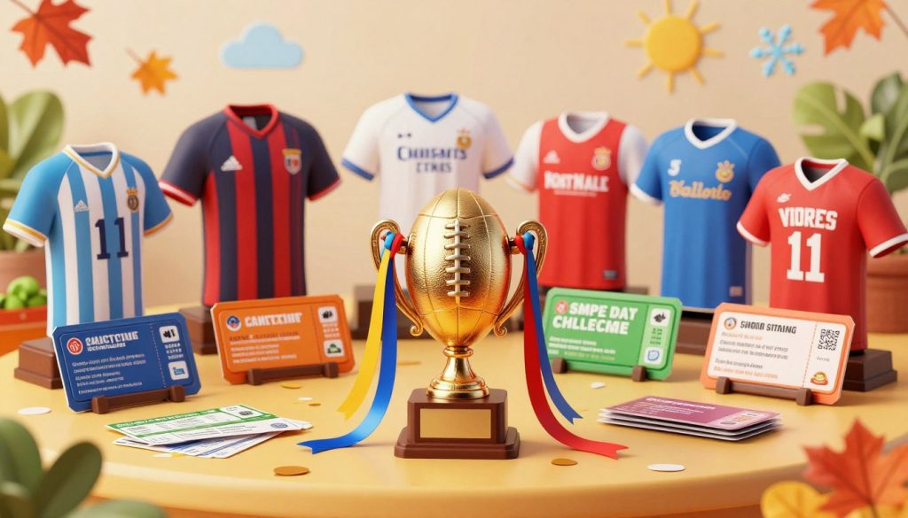 A visually engaging scene showcasing a diverse array of creative prizes for sports betting challenges, centered around seasonal themes. In the foreground, display an ornate trophy designed as a golden football atop a wooden pedestal, surrounded by colorful ribbons and confetti. The middle ground features unique prizes like personalized sports jerseys, exciting game tickets, and custom-designed merchandise, all arranged on a vibrant table. In the background, subtly illustrated seasonal elements like autumn leaves, snowflakes, or summer sun motifs create a festive atmosphere. Use soft, warm lighting to evoke a celebratory mood, with a slightly angled perspective that invites the viewer into the scene. Ensure the image is bright and inviting, with a focus on creativity and engagement. A visually engaging scene showcasing a diverse array of creative prizes for sports betting challenges, centered around seasonal themes. In the foreground, display an ornate trophy designed as a golden football atop a wooden pedestal, surrounded by colorful ribbons and confetti. The middle ground features unique prizes like personalized sports jerseys, exciting game tickets, and custom-designed merchandise, all arranged on a vibrant table. In the background, subtly illustrated seasonal elements like autumn leaves, snowflakes, or summer sun motifs create a festive atmosphere. Use soft, warm lighting to evoke a celebratory mood, with a slightly angled perspective that invites the viewer into the scene. Ensure the image is bright and inviting, with a focus on creativity and engagement.