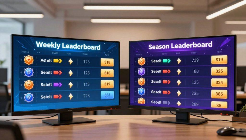 A visually engaging split-screen image that showcases two distinct leaderboard concepts: **weekly** and **season-long**. In the foreground, depict a sleek digital leaderboard display with a leaderboard interface featuring vibrant graphics, bright colors, and clear, contrasting text that denotes **"Weekly Leaderboard"** on the left and **"Season Leaderboard"** on the right. The middle layer features stylized icons representing different challenges and scores, emphasizing dynamic movement like arrows or badges indicating progress. In the background, a softly blurred out office or technology-inspired setting with warm, professional lighting creates an inviting atmosphere. Use a wide-angle lens perspective to enhance depth, with a focus on clarity and modernity, evoking a sense of competition and motivation among participants.