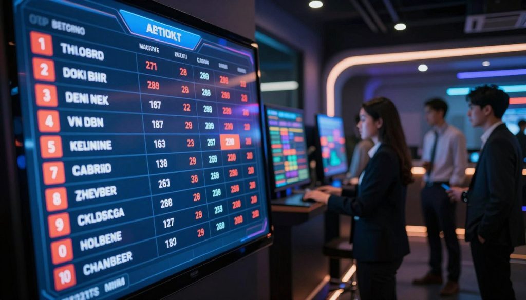 A visually striking betting leaderboard displayed prominently in a modern digital environment. In the foreground, a sleek and stylish leaderboard interface showcases top contenders' names, scores, and ranking positions in vibrant neon colors, projecting a sense of competitive urgency. In the middle ground, blurred silhouettes of diverse individuals, dressed in professional business attire, are engaging with the digital displays, illustrating the psychological impact of competition. The background features a futuristic betting venue with ambient lighting that enhances the tension of the scene, casting a moody but exciting atmosphere. The image is captured from a slightly elevated angle, adding depth to the composition, emphasizing the heightening stakes and intense focus on the leaderboard.