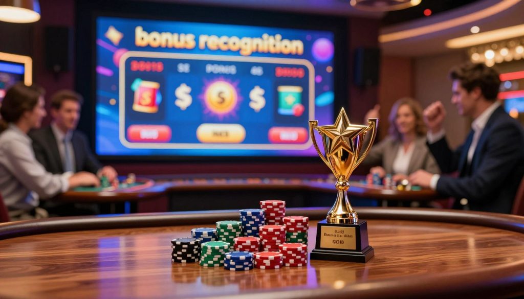 A visually striking representation of "bonus recognition" in a modern betting context. In the foreground, a polished wooden table with stacks of colorful casino chips and an elegant trophy emblazoned with a star, symbolizing achievement. The middle ground features a sleek digital screen displaying compelling graphics of streak bonuses, showcasing colorful animations of winning streaks and bonuses. The background captures a vibrant casino atmosphere filled with soft ambient lighting, highlighting players engaged in betting activities, dressed in professional business attire, celebrating their victories. The overall mood is one of excitement and achievement, using warm lighting to enhance the celebratory feel, while a slight lens blur emphasizes the focal elements of the table and trophy.