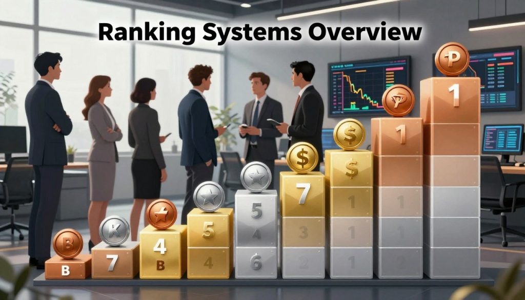 An informative and engaging illustration of "Ranking Systems Overview," showcasing various ranking tiers represented by distinct, colorful icons or symbols. In the foreground, a stylized ranking chart or ladder, with clear distinctions between levels, including bronze, silver, gold, and platinum tiers. The middle layer features diverse, professional individuals in business attire, analyzing the ranking system with interest, standing beside digital screens displaying dynamic graphs and statistics. The background is a sleek, modern office environment with large windows letting in soft, natural light, enhancing a sense of professionalism. The atmosphere should reflect an air of competitiveness and ambition, with hints of excitement about reaching higher ranks in betting tournaments.