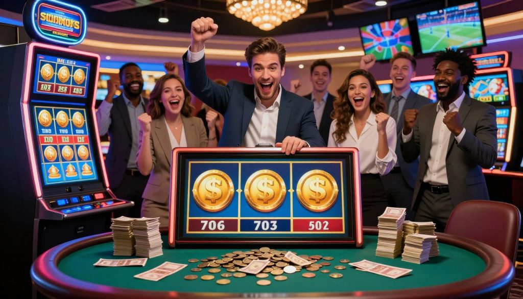 In the foreground, depict a vibrant casino scene with a large slot machine displaying three golden jackpot symbols aligned perfectly, surrounded by stacks of cash and gleaming coins spilling onto a green felt table. In the middle ground, illustrate an excited group of diverse individuals in professional business attire, celebrating their potential winnings, their faces filled with joy and anticipation. The background features colorful neon lights illuminating a luxurious betting area, with screens showcasing various betting odds and live sports events. The lighting is bright and inviting, casting a warm glow over the scene. The mood is electric and upbeat, reflecting the thrill of jackpot betting and the allure of cash prize pools.