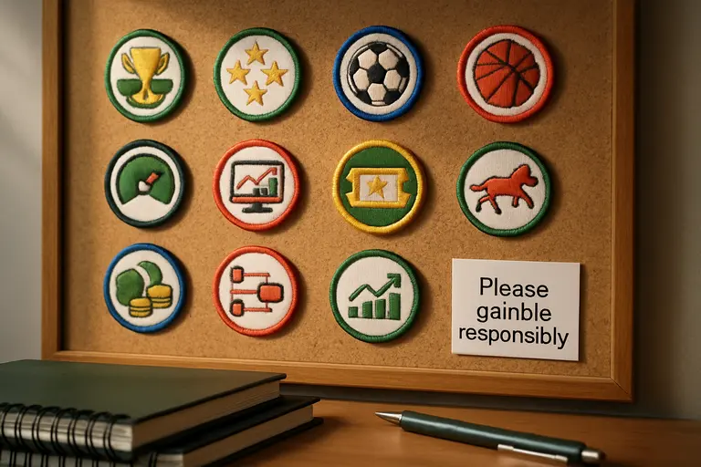 Community challenge board with badges, notebooks, and responsible play reminders