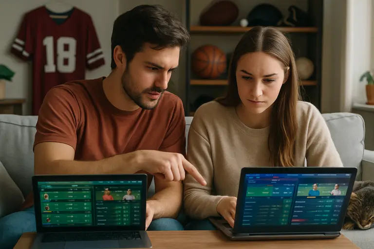 Person reviewing sportsbook rules and odds on a laptop with a budget sheet nearby