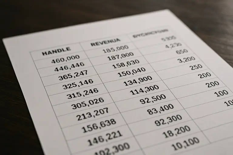 Spreadsheet showing handle, revenue, and promotion columns