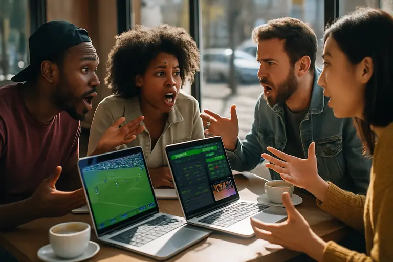 Group of adults reviewing betting app features on tablets in a discussion setting