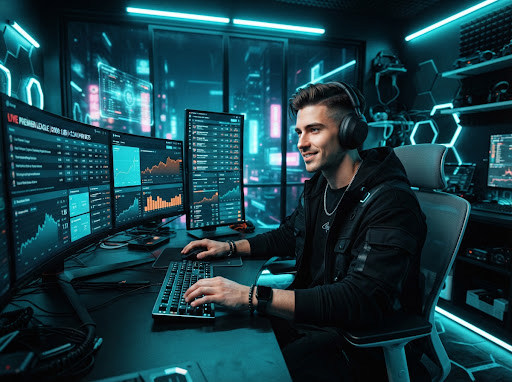 Sports betting trader with monitors and neon ambient lighting