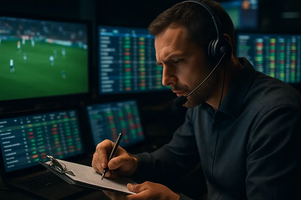 Live odds comparison screens beside a football field during an in-game pricing review