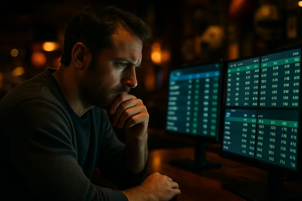 Analyst comparing prop market pricing notes beside market charts