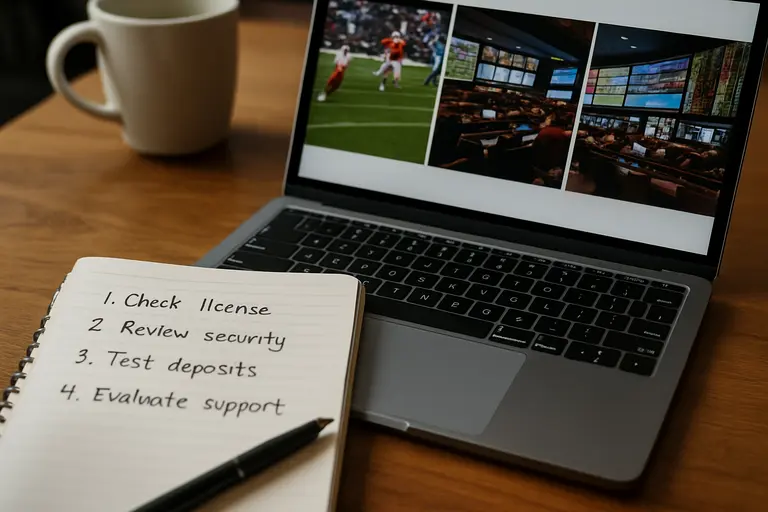 Research notes beside a laptop showing verification steps for sportsbook review